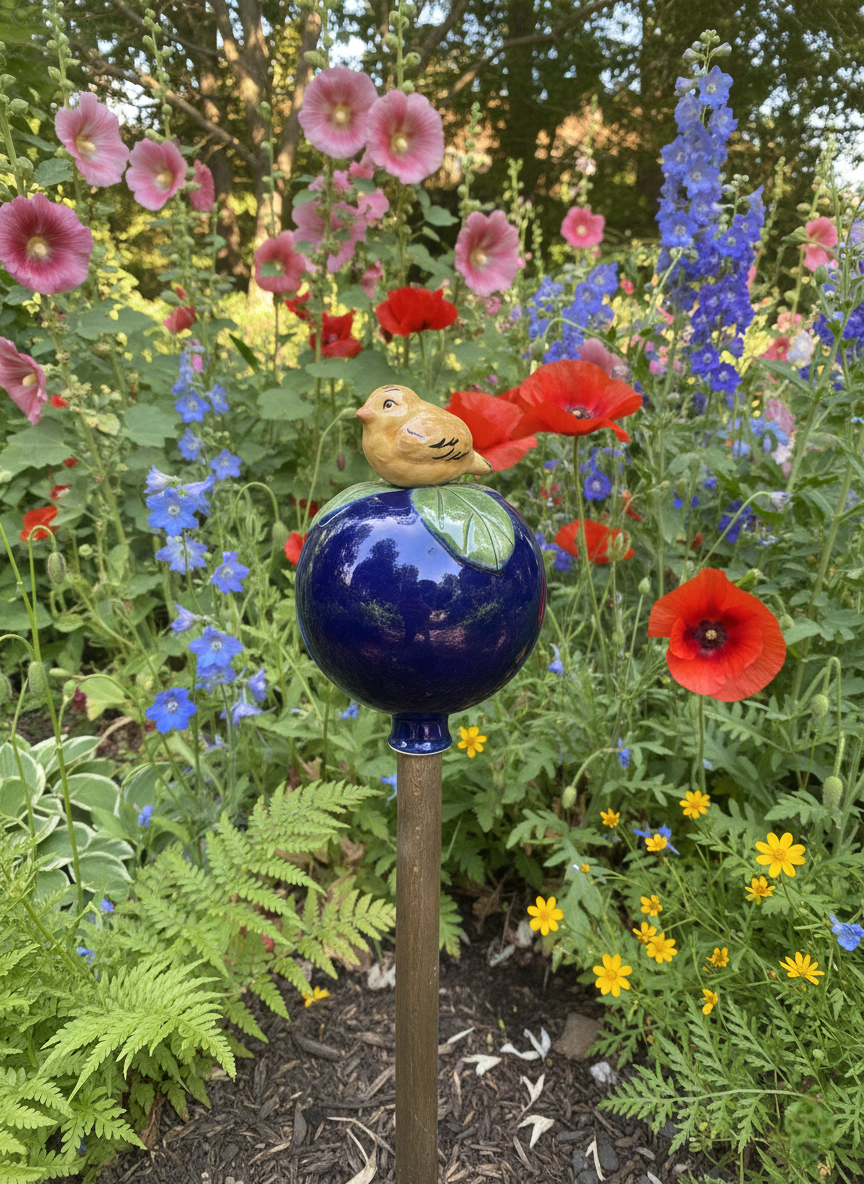 Dunkelblaue Gartenkugel aus Keramik mit hellbraunem Vogel | Balkon & Garten