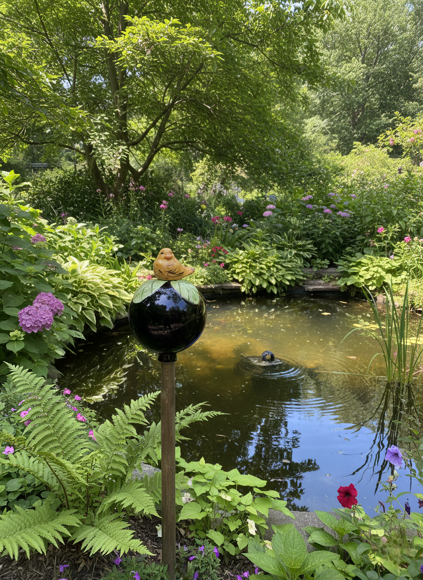 Schwarze Gartenkugel aus Keramik mit gelbem Vogel | Balkon & Garten