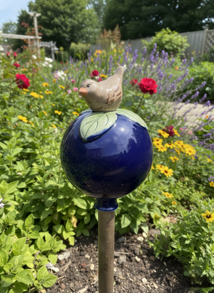 Dunkelblaue Gartenkugel aus Keramik mit braunem Vogel | Balkon & Garten