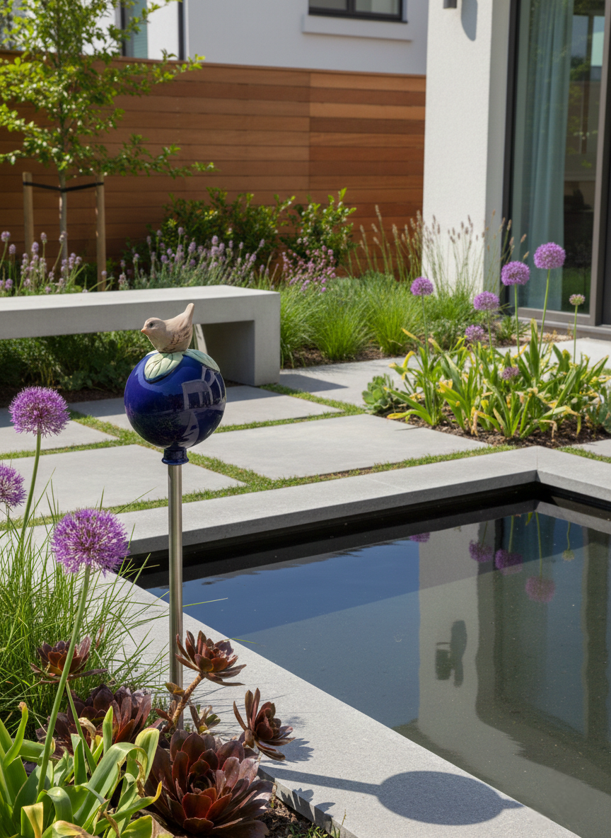 Dunkelblaue Gartenkugel aus Keramik mit braunem Vogel | Balkon & Garten