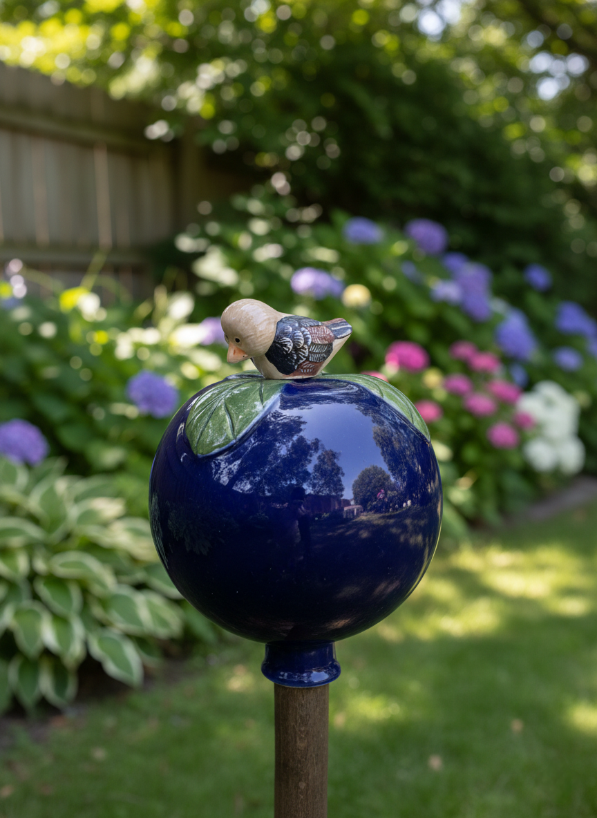 Dunkelblaue Gartenkugel aus Keramik mit Vogel | Balkon & Garten