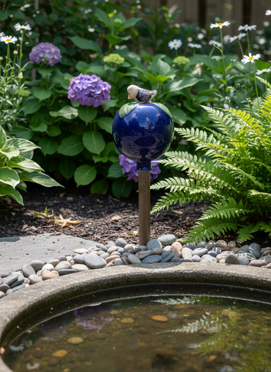 Dunkelblaue Gartenkugel aus Keramik mit Vogel | Balkon & Garten