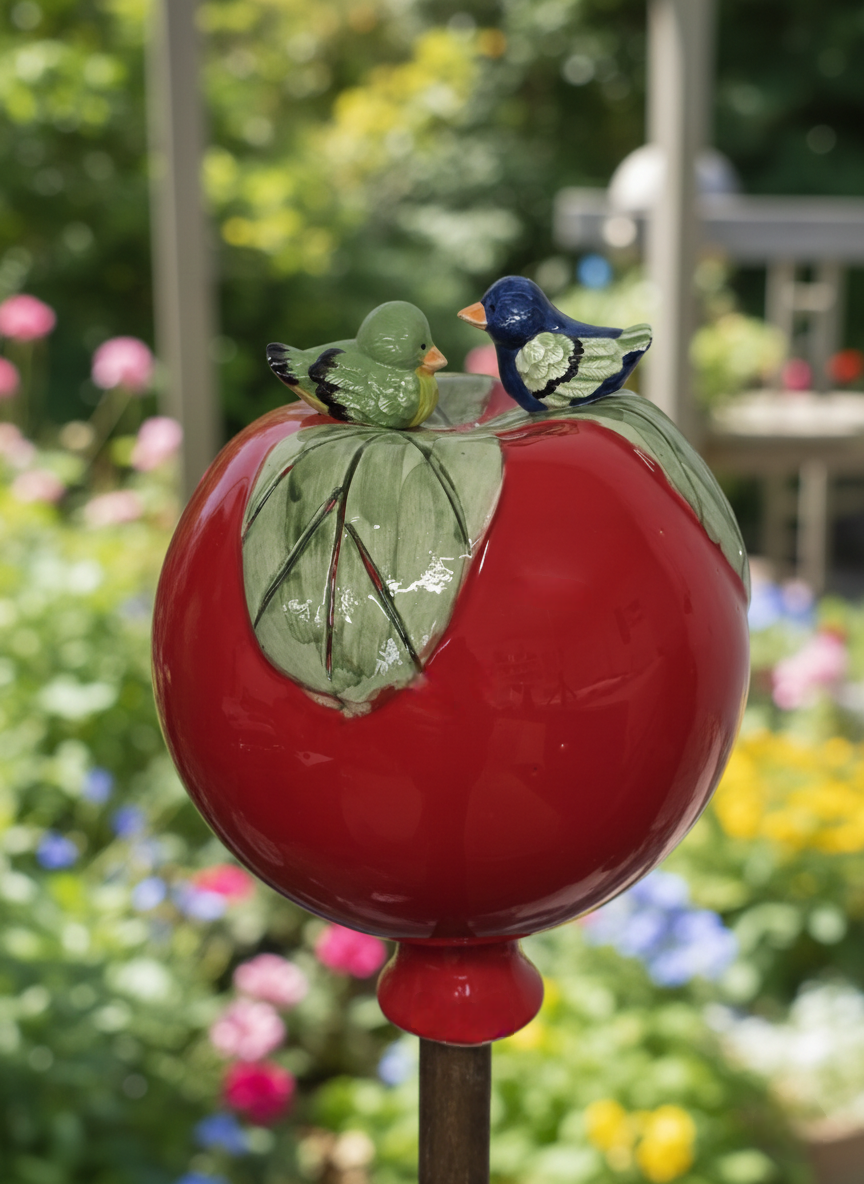 Rote Gartenkugel aus Keramik mit blau-grünem Vogel-Duo | Balkon & Garten