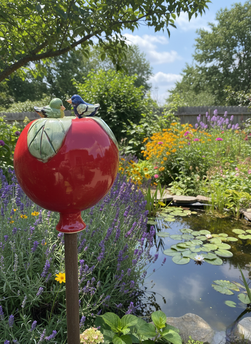 Rote Gartenkugel aus Keramik mit blau-grünem Vogel-Duo | Balkon & Garten