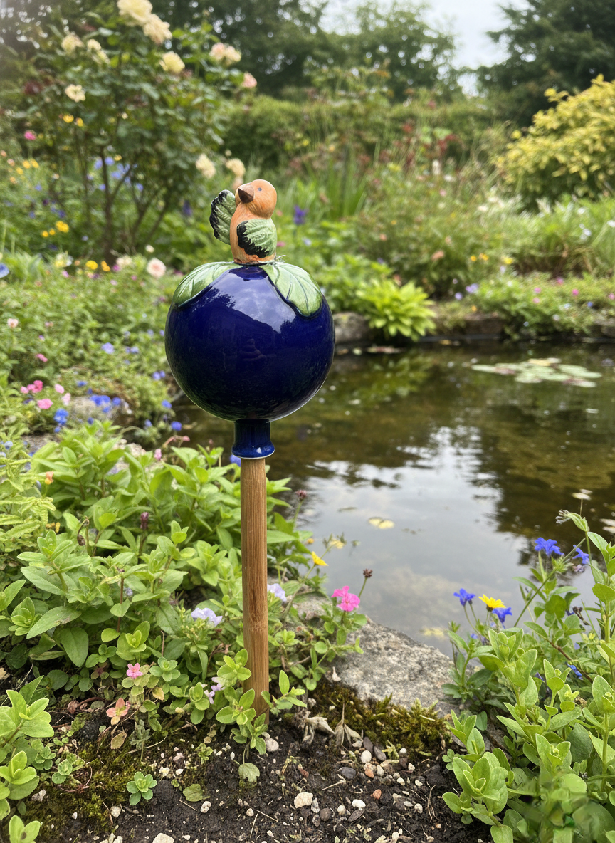 Dunkelblaue Gartenkugel aus Keramik mit orange-grünem Vogel | Balkon & Garten