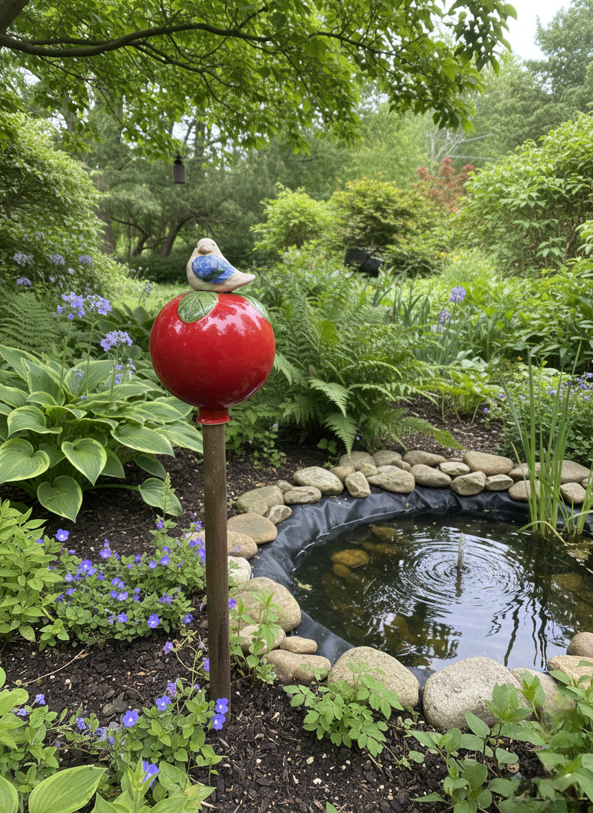 Rote Gartenkugel aus Keramik mit blau-weißem Vogel | Balkon & Garten