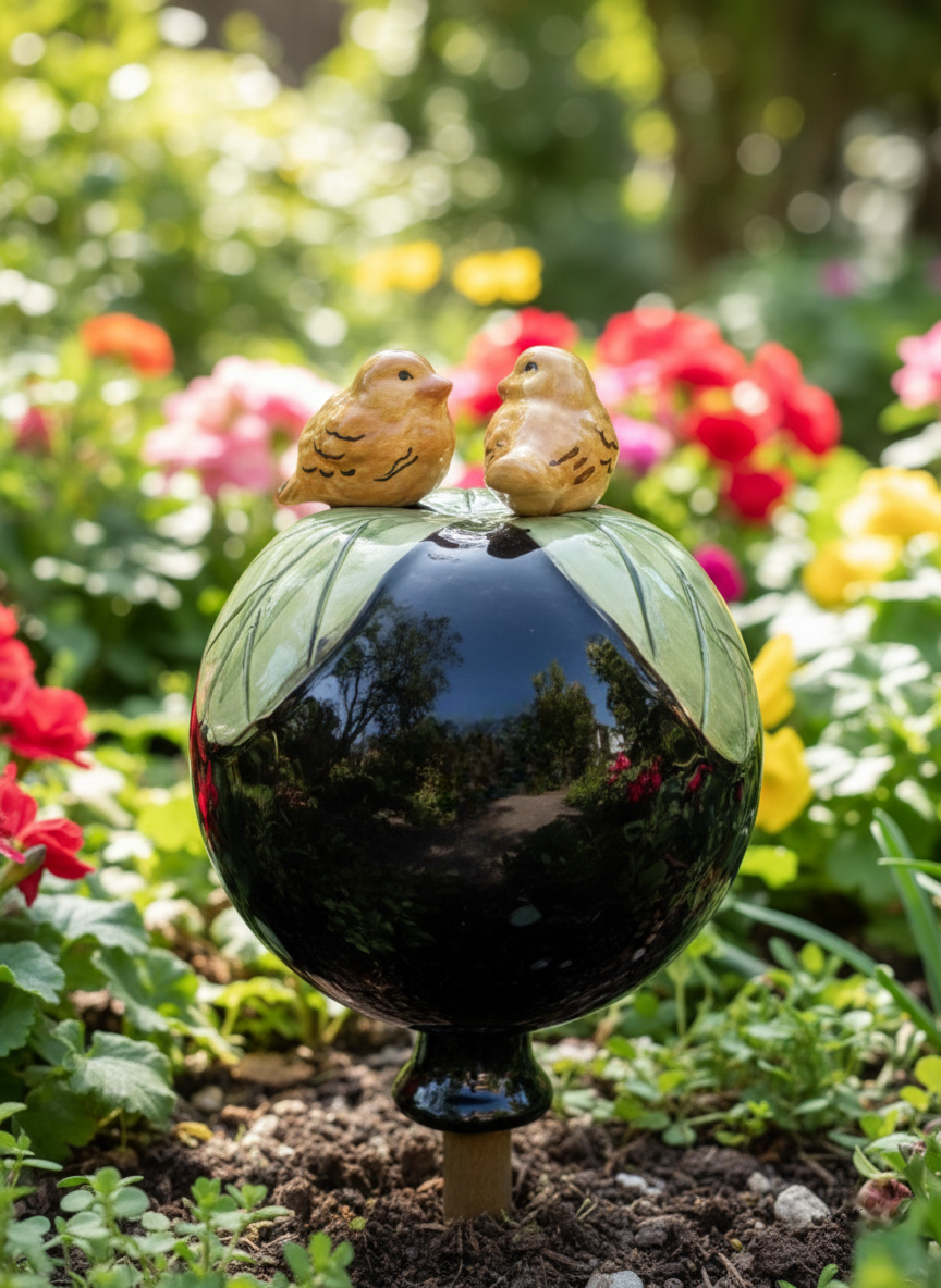 Schwarze Gartenkugel aus Keramik mit Vogel-Duo | Balkon & Garten