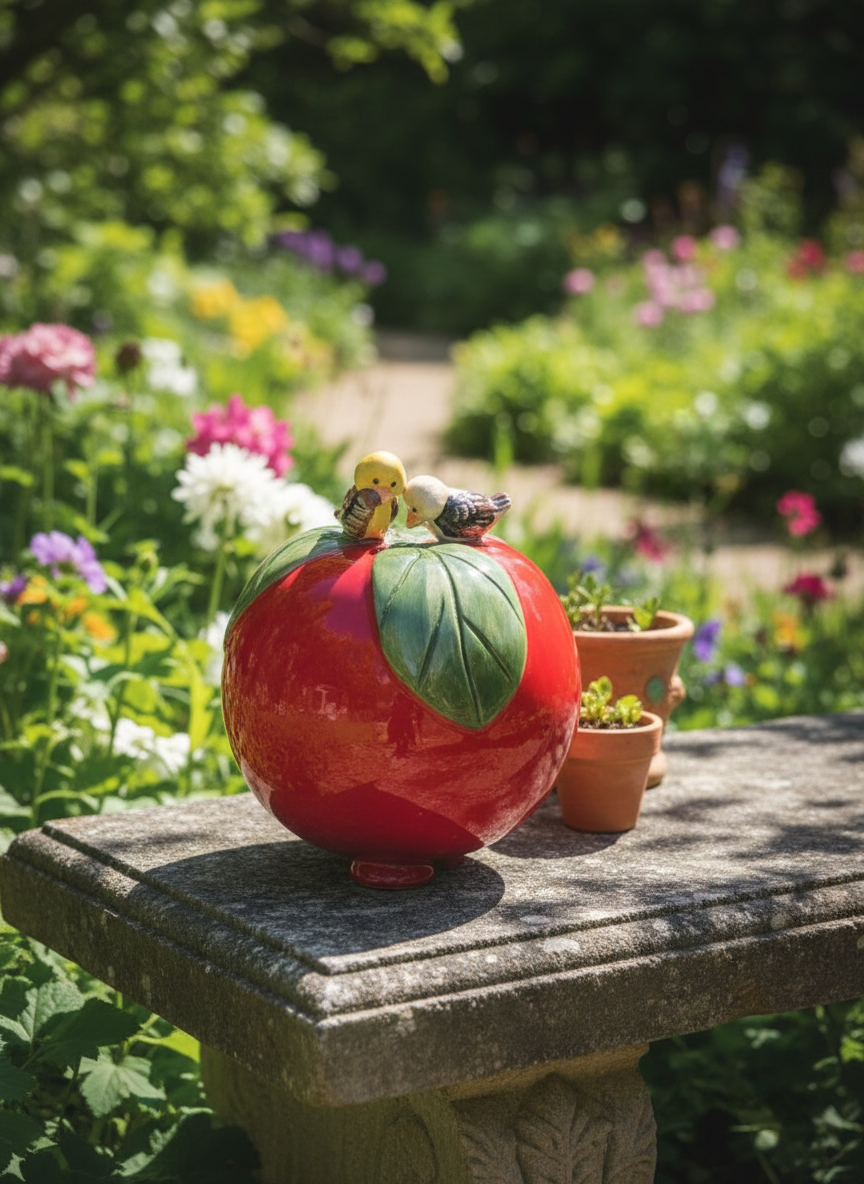 Rote Gartenkugel aus Keramik mit buntem Vogel-Duo | Balkon & Garten