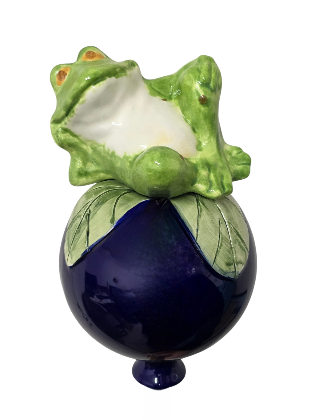 Dunkelblaue Gartenkugel aus Keramik mit Frosch | Balkon & Garten