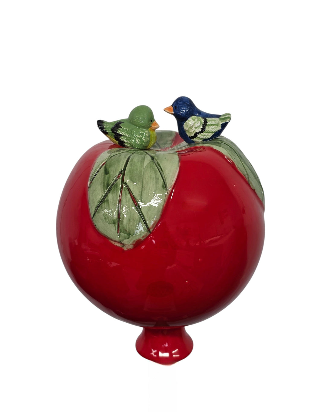 Rote Gartenkugel aus Keramik mit blau-grünem Vogel-Duo | Balkon & Garten