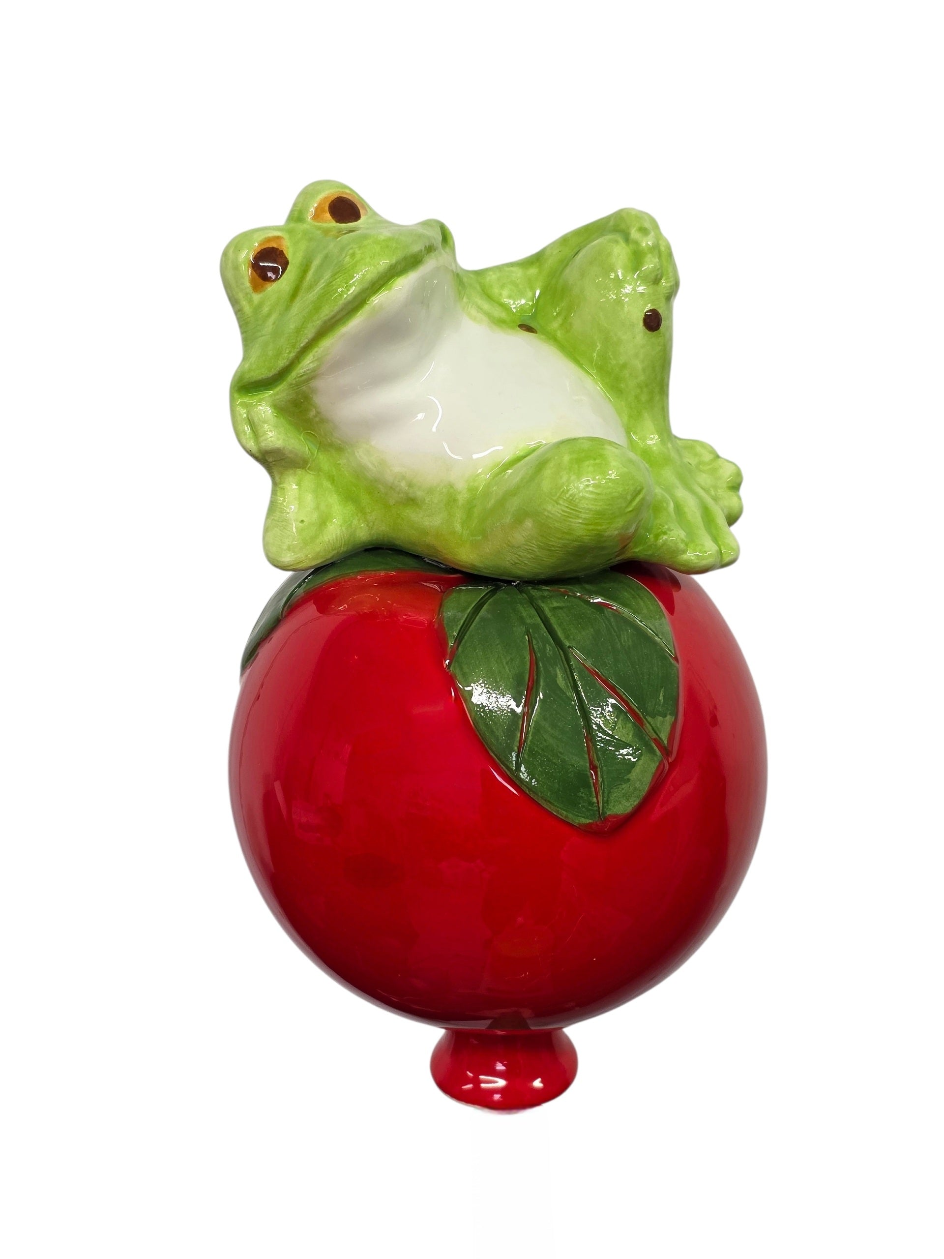 Rote Gartenkugel aus Keramik mit Frosch | Balkon & Garten