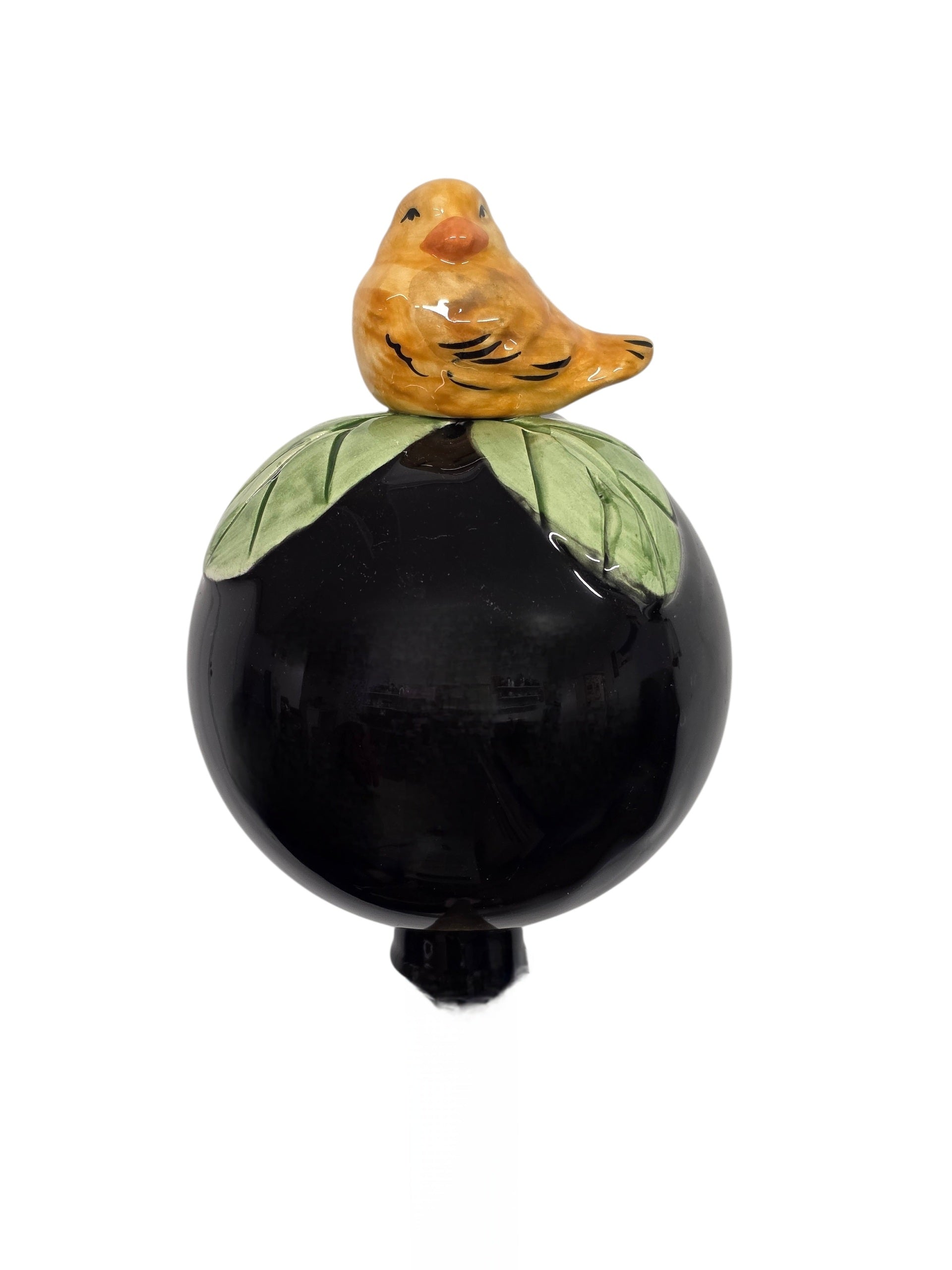 Schwarze Gartenkugel aus Keramik mit gelbem Vogel | Balkon & Garten