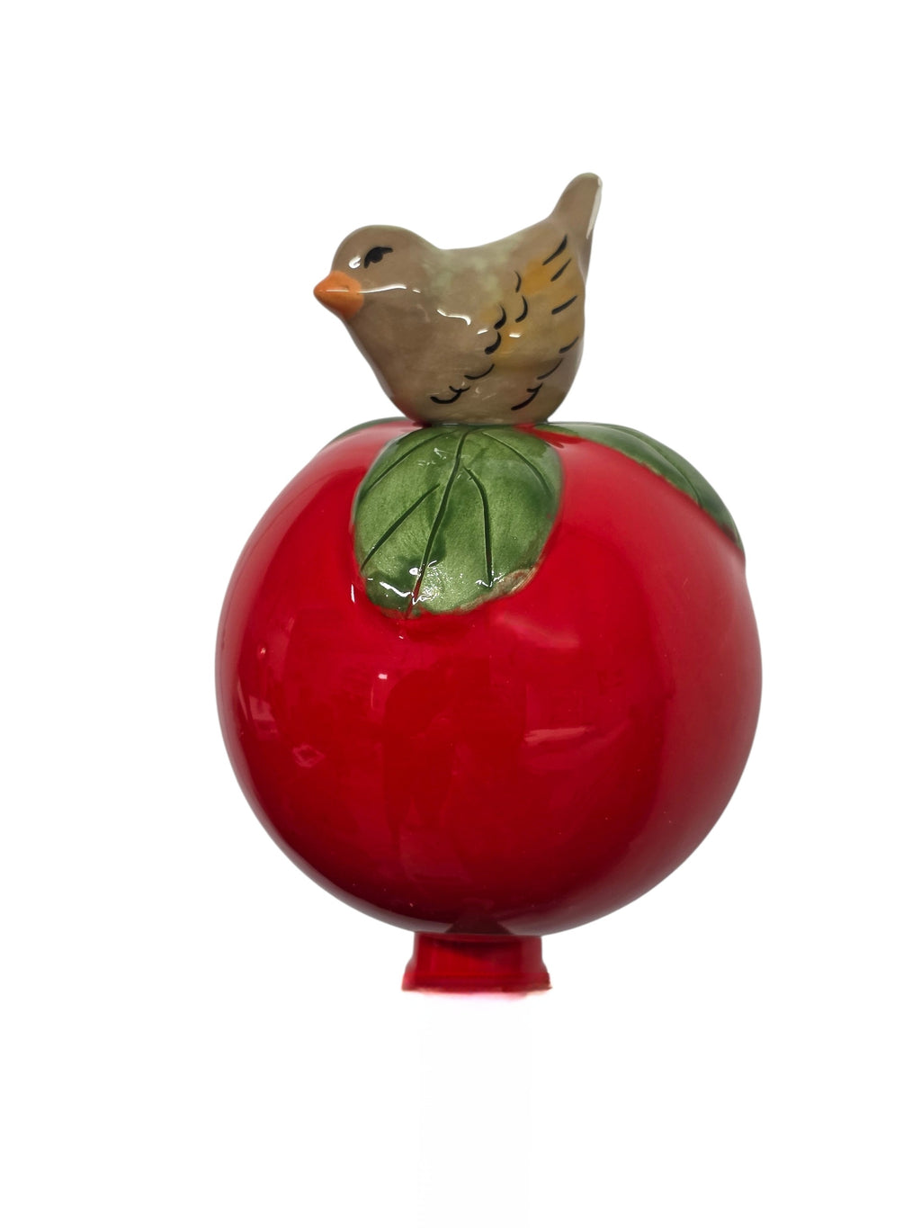 Rote Gartenkugel aus Keramik mit braunem Vogel | Balkon & Garten