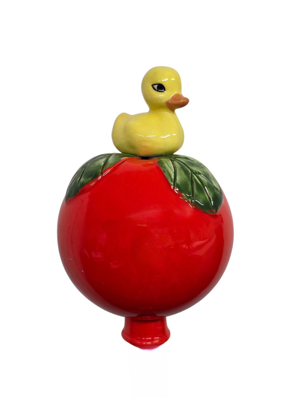Rote Gartenkugel aus Keramik mit gelber Ente | Balkon & Garten