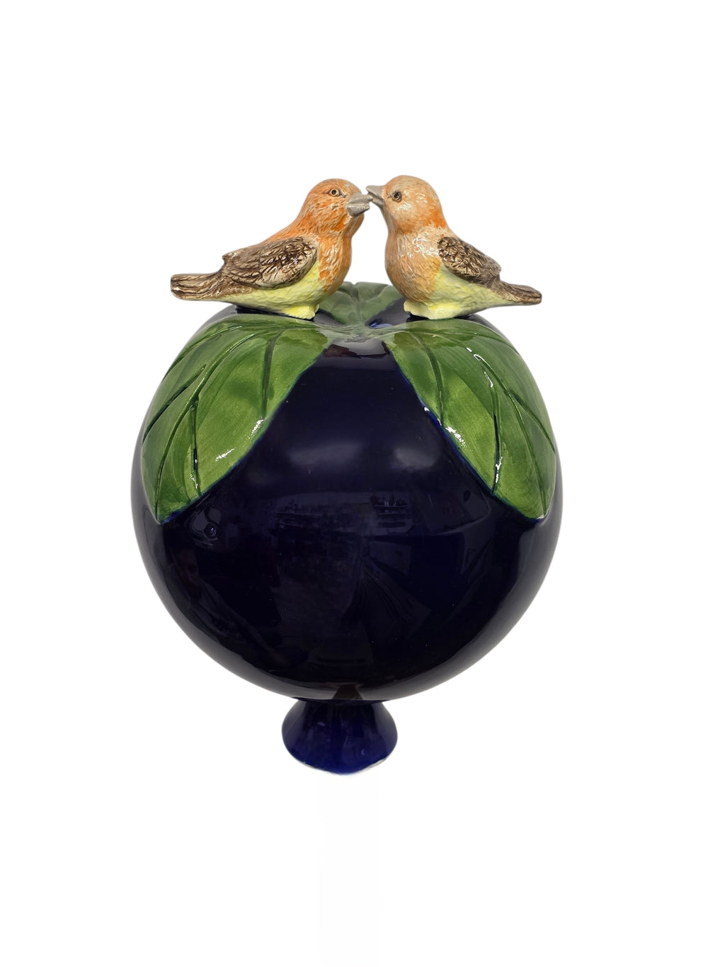 Dunkelblaue Gartenkugel aus Keramik mit Vogel-Paar | Balkon & Garten
