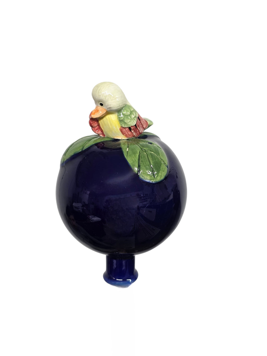 Dunkelblaue Keramik-Gartenkugel mit weiß-gelbem Vogel | Handgefertigt