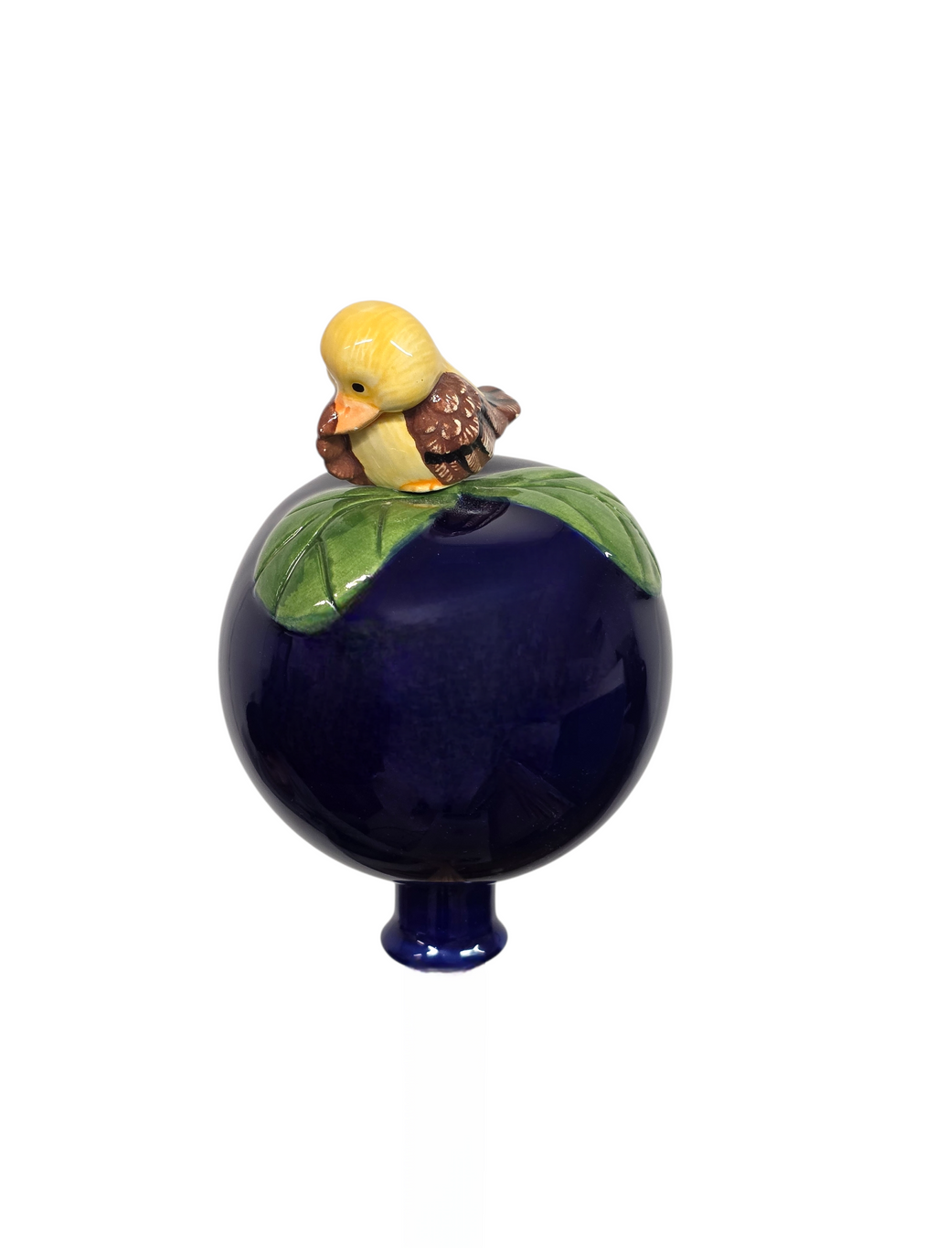 Dunkelblaue Gartenkugel aus Keramik mit gelbem Vogel | Balkon & Garten