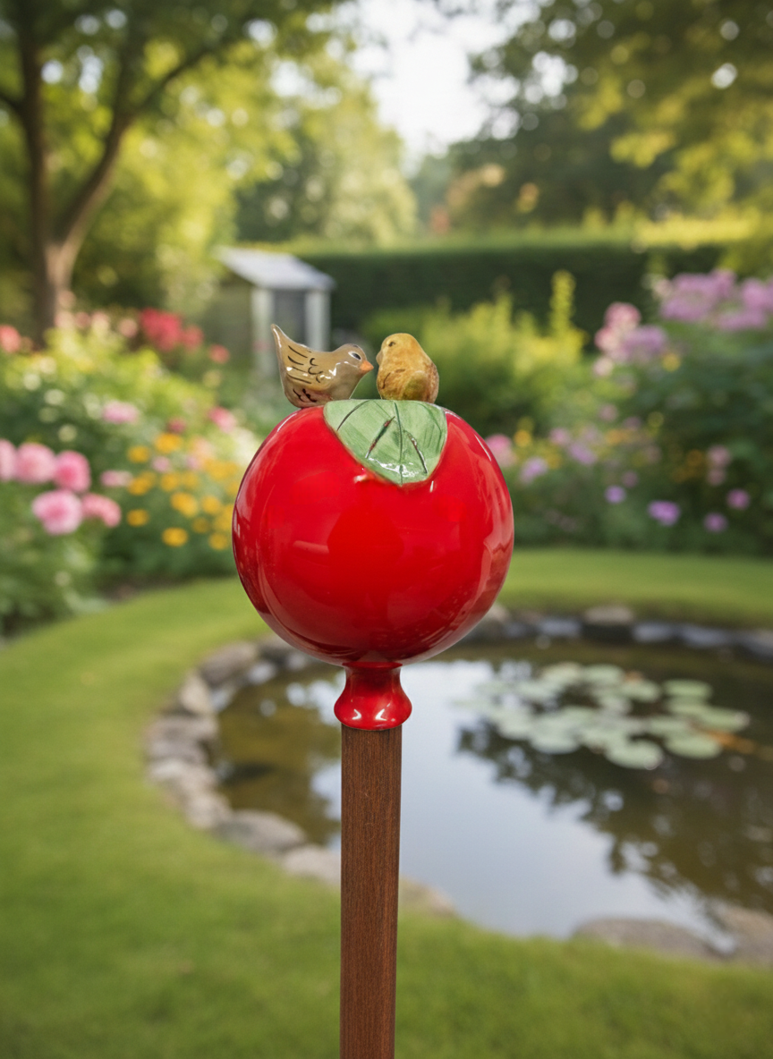 Rote Gartenkugel aus Keramik mit Vogel-Duo | Balkon & Garten