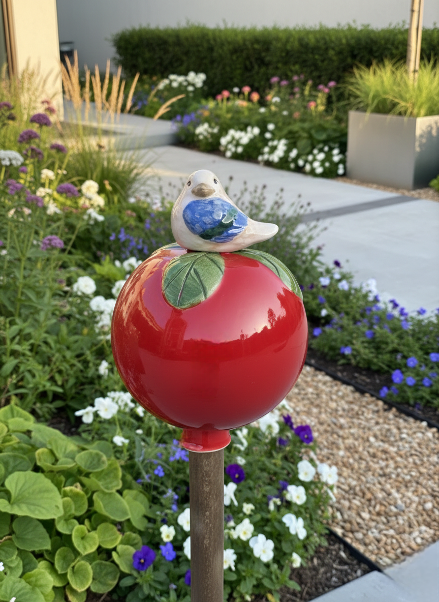 Rote Gartenkugel aus Keramik mit blau-weißem Vogel | Balkon & Garten