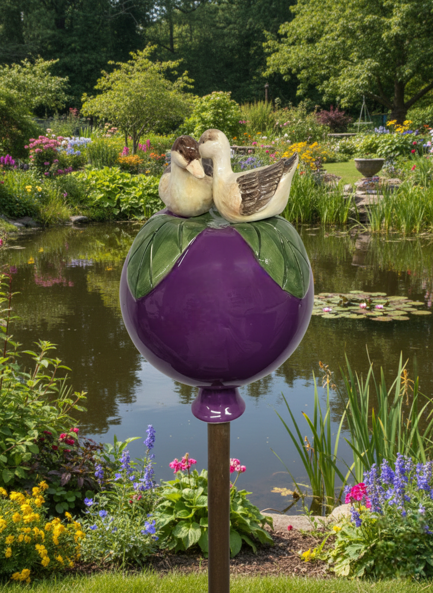 Lila Gartenkugel aus Keramik mit Enten-Paar | Balkon & Garten
