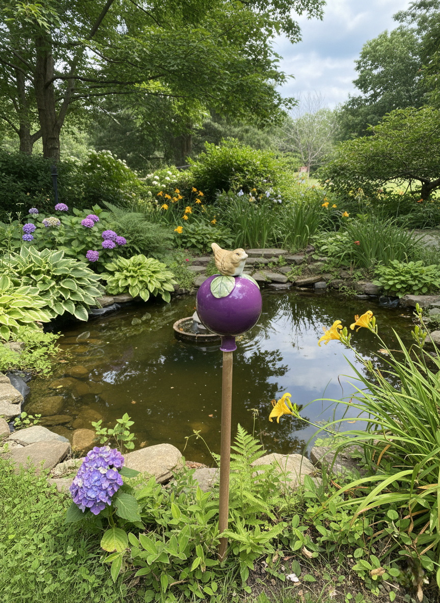 Lila Gartenkugel aus Keramik mit Vogel | Balkon & Garten