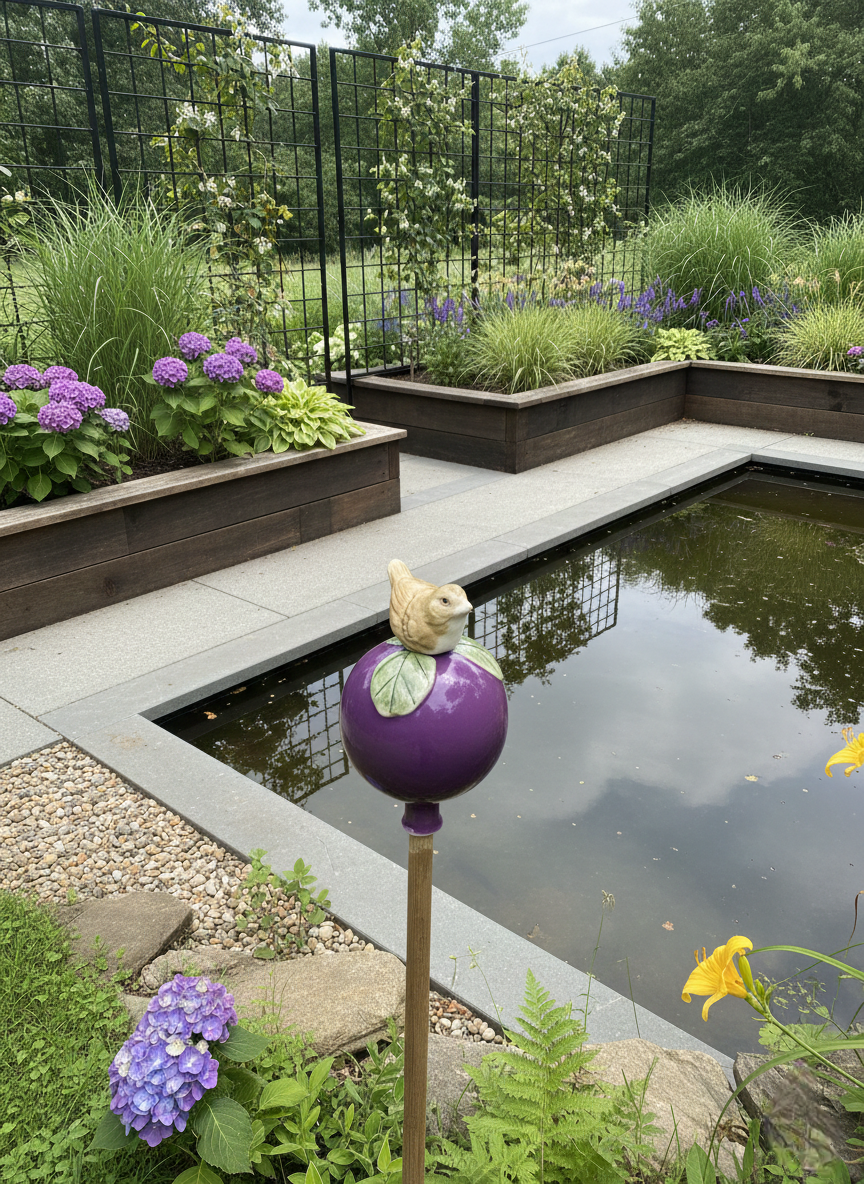 Lila Gartenkugel aus Keramik mit Vogel | Balkon & Garten