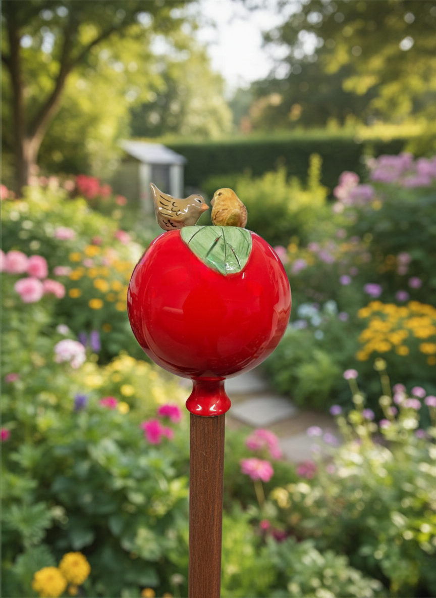 Rote Gartenkugel aus Keramik mit Vogel-Duo | Balkon & Garten