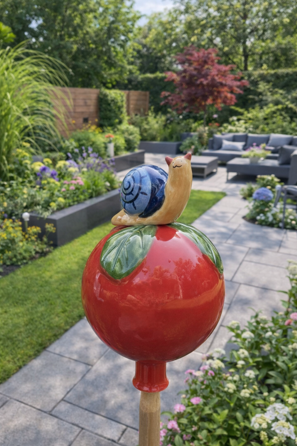 Rote Gartenkugel aus Keramik mit Schnecke | Balkon & Garten